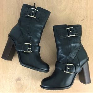 🛍 Theory Black Leather High Heeled Moto Boot,, EUC, Size 7